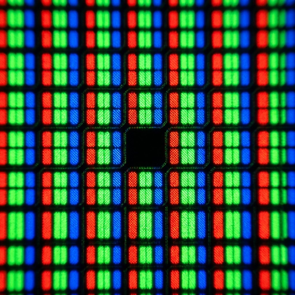 Extreme close-up macro photograph showing subpixel grid on a screen with a single non-functional black dead pixel