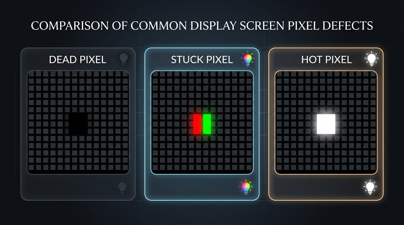 Visual comparison diagram showing Dead Pixel (Black), Stuck Pixel (Red/Green/Blue), and Hot Pixel (Bright White)
