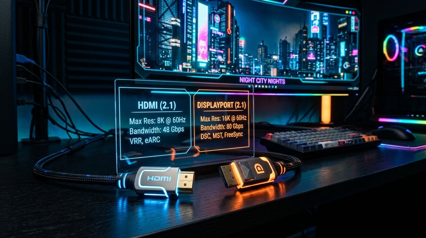 A high-tech comparison display showing HDMI 2.1 and DisplayPort 2.1 cable connectors side by side