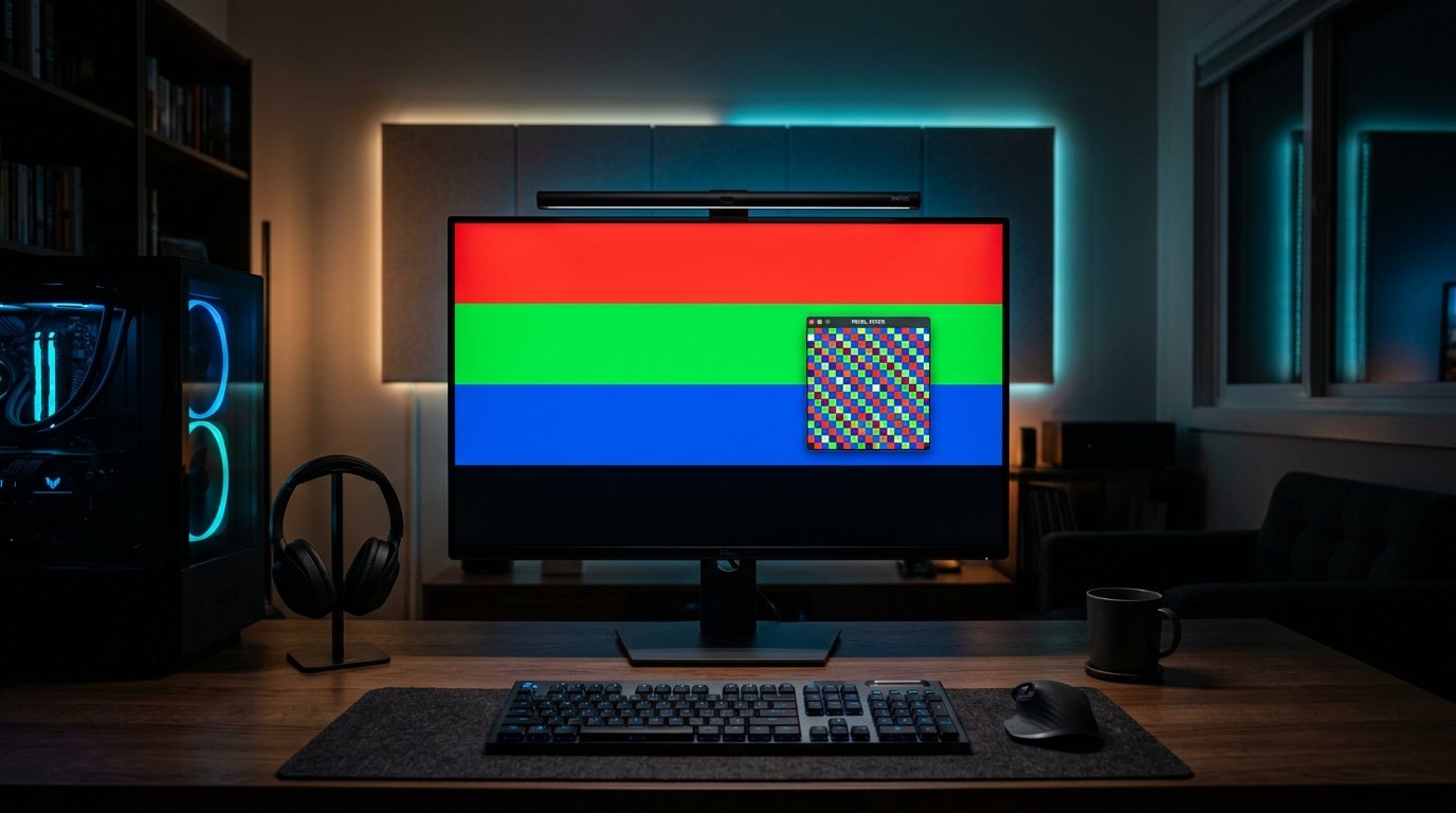 A modern sleek monitor showing screen color tests and stuck pixel fixer boxes on display