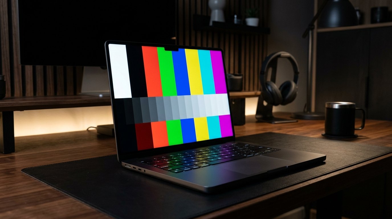 Apple MacBook Pro with Liquid Retina XDR screen running a fullscreen dead pixel test