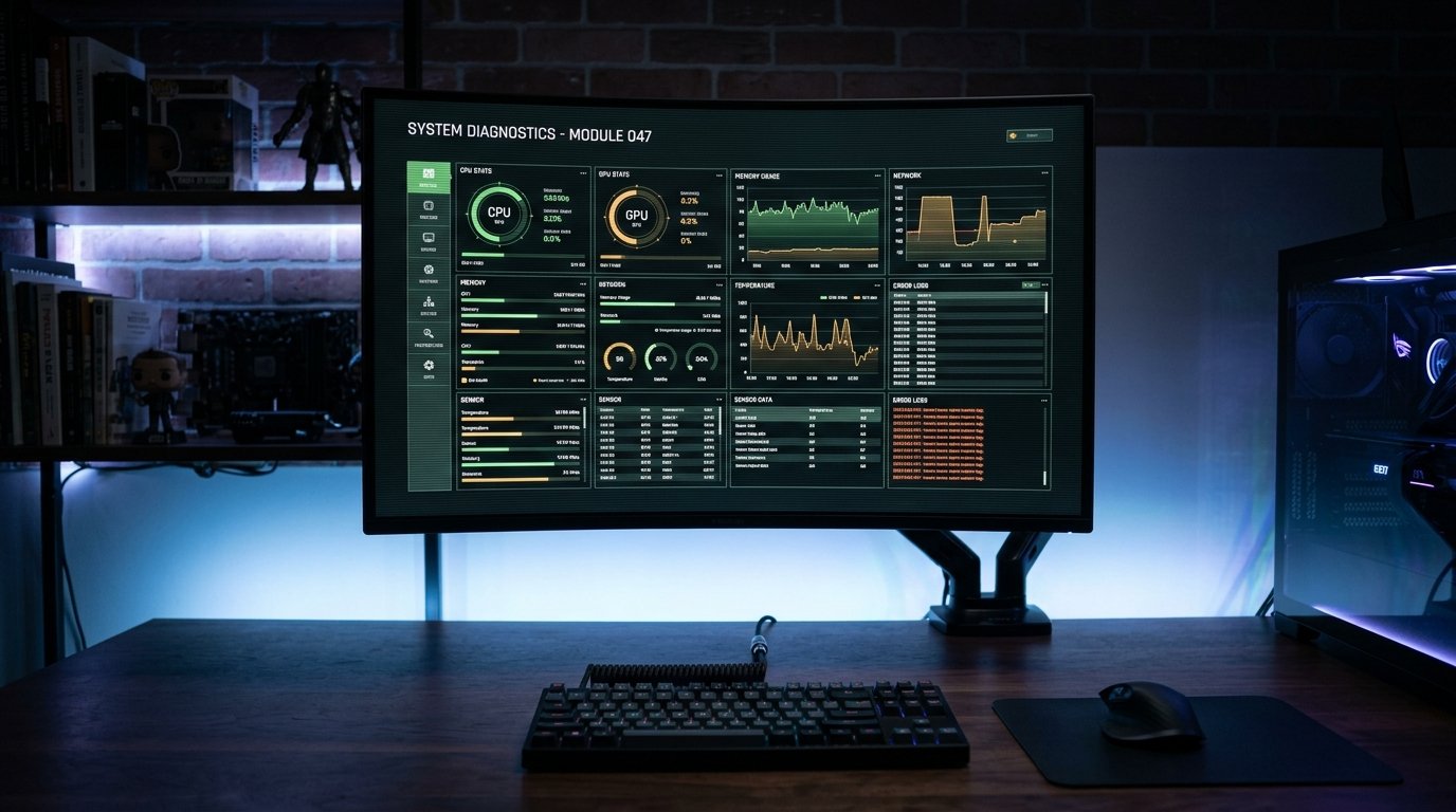 A modern high-end computer monitor displaying a screen diagnostic test interface in a sleek dark environment