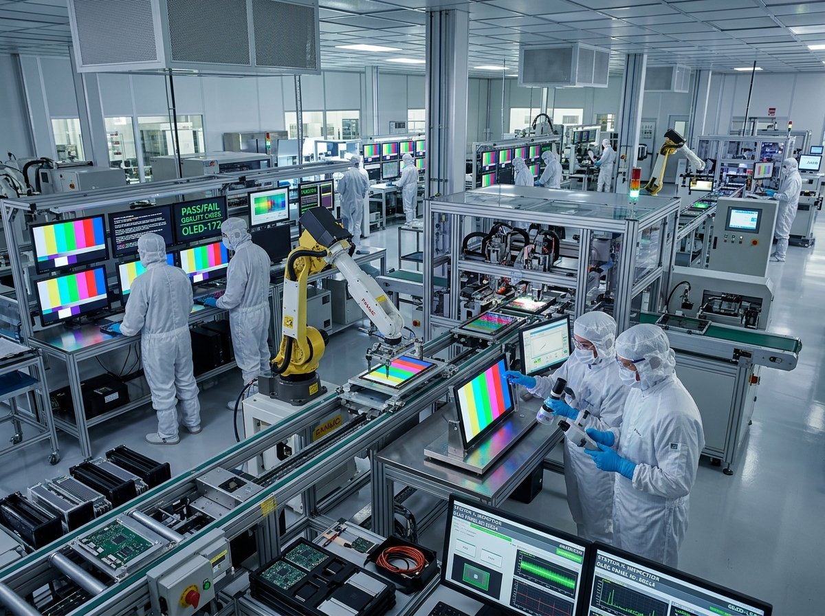 Modern display screen factory assembly and testing cleanroom