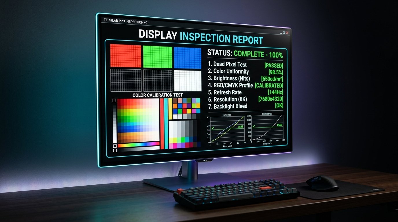 A modern high-end computer monitor displaying a screen inspection diagnostic test and checklist