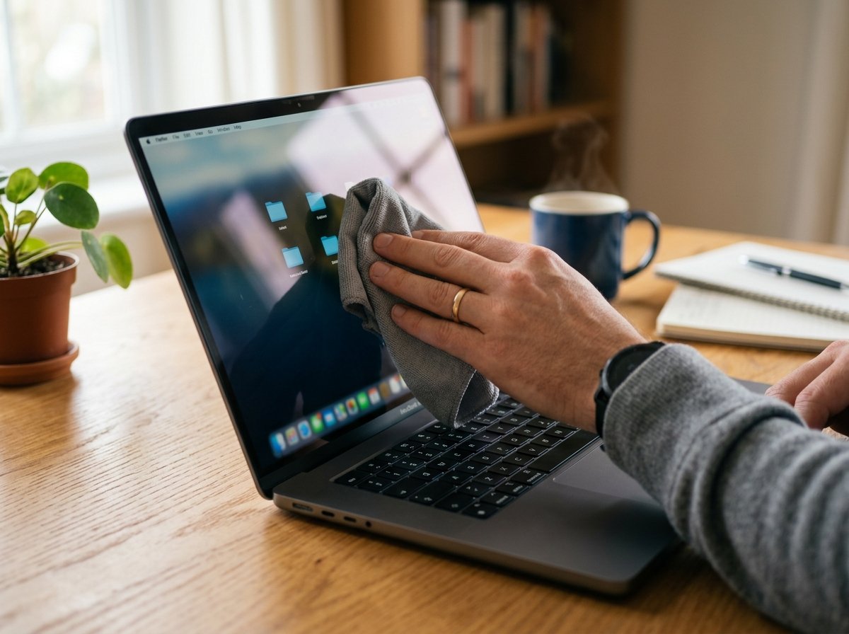 Cleaning laptop screen with microfiber cloth