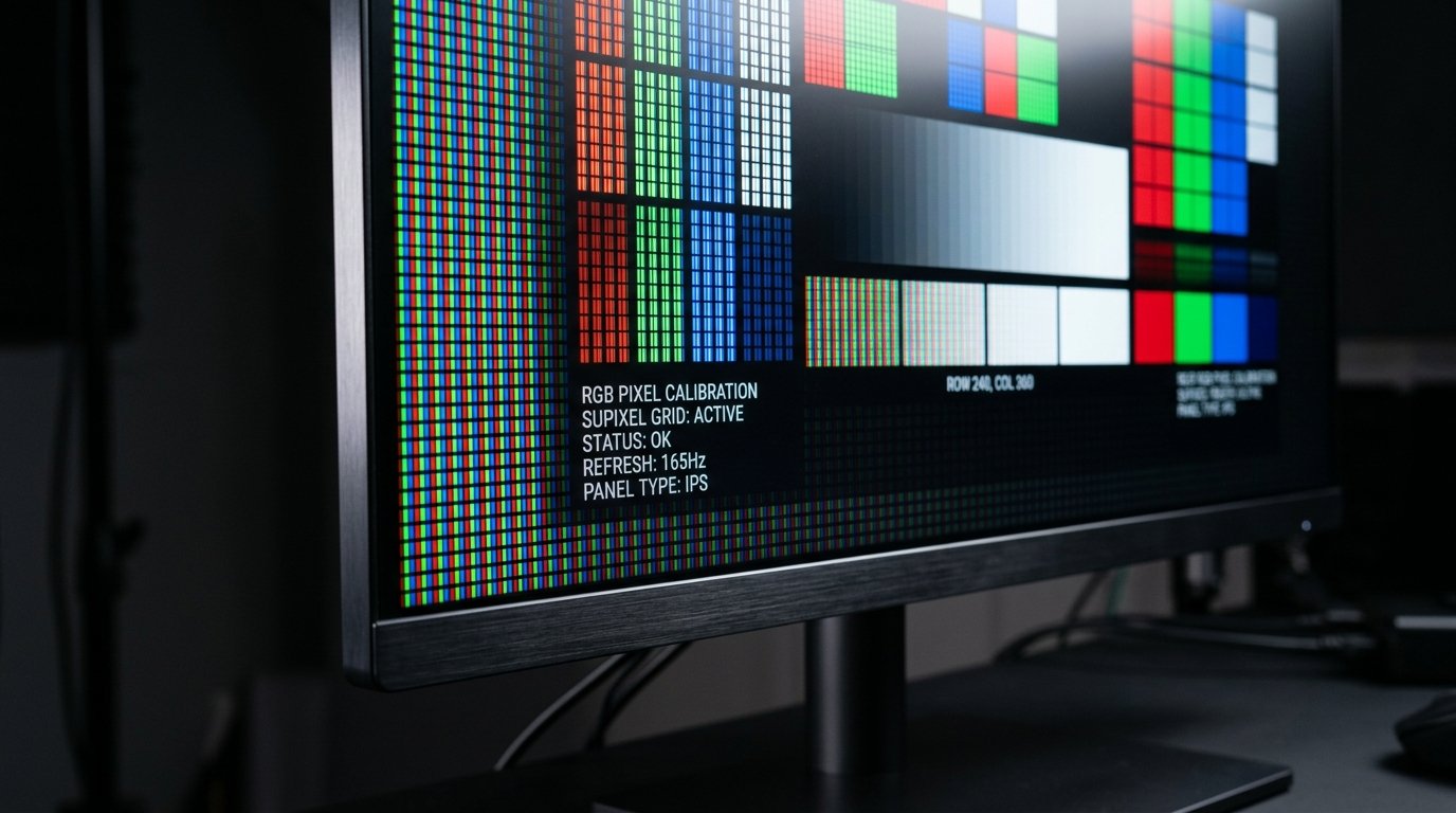 Close-up macro view of glowing RGB screen subpixel matrix during display calibration and diagnostic testing