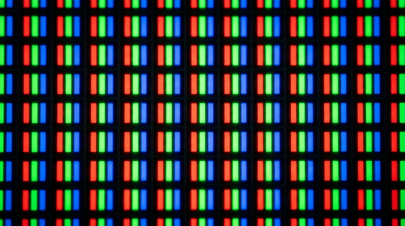 Magnified macro photograph of screen pixel matrix showing Red, Green, and Blue RGB sub-pixels